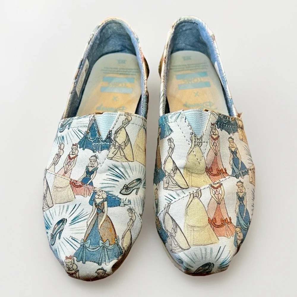 Disney X TOMS Girls Blue Cinderella Printed‎ Canvas Flats 5 LIMITED EDITION